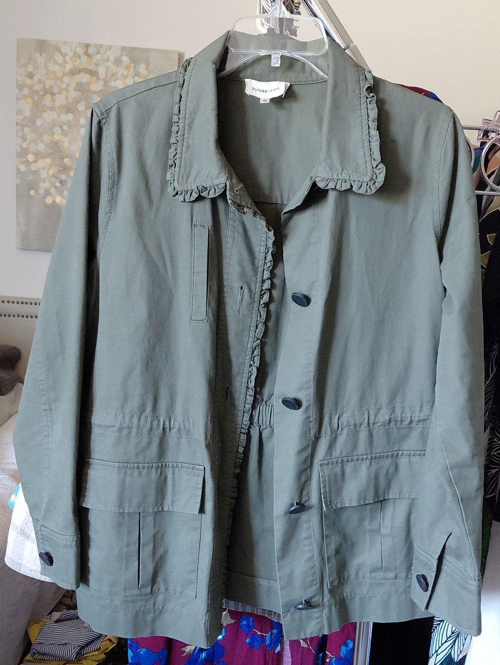 Sugarlips Olive Green Ruffle-Trim Utility Jacket